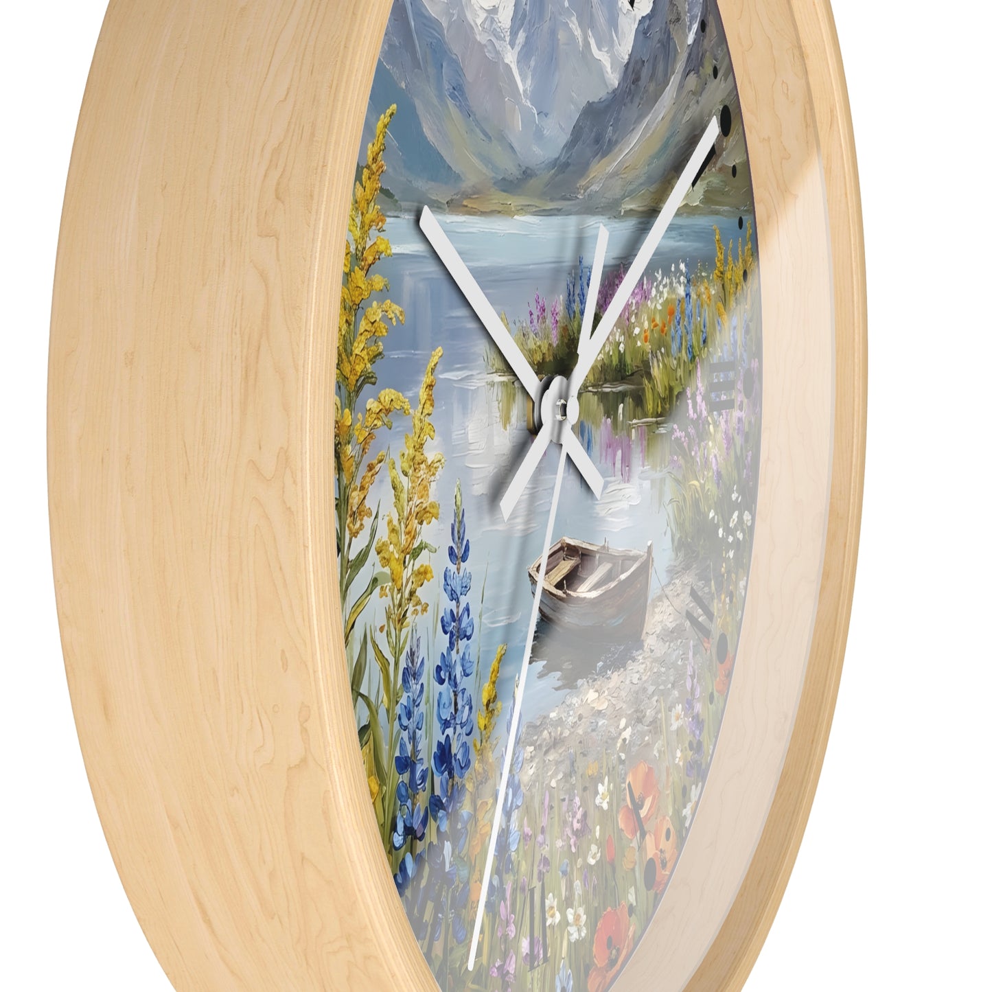 Round wall clock with a light natural wood frame and a scenic landscape print featuring a lake, mountains, flowers, and a rowboat, shown against a plain white background.