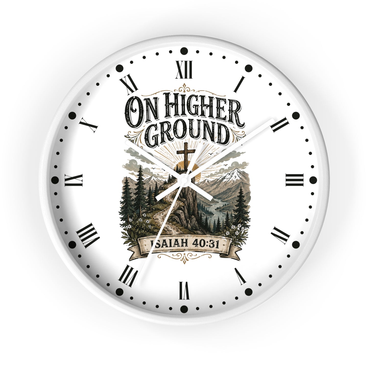 A round white wall clock with black Roman numerals and hands, featuring a scenic mountain and forest illustration with the text 'ON HIGHER GROUND' and 'ISAIAH 40:31' on the face.