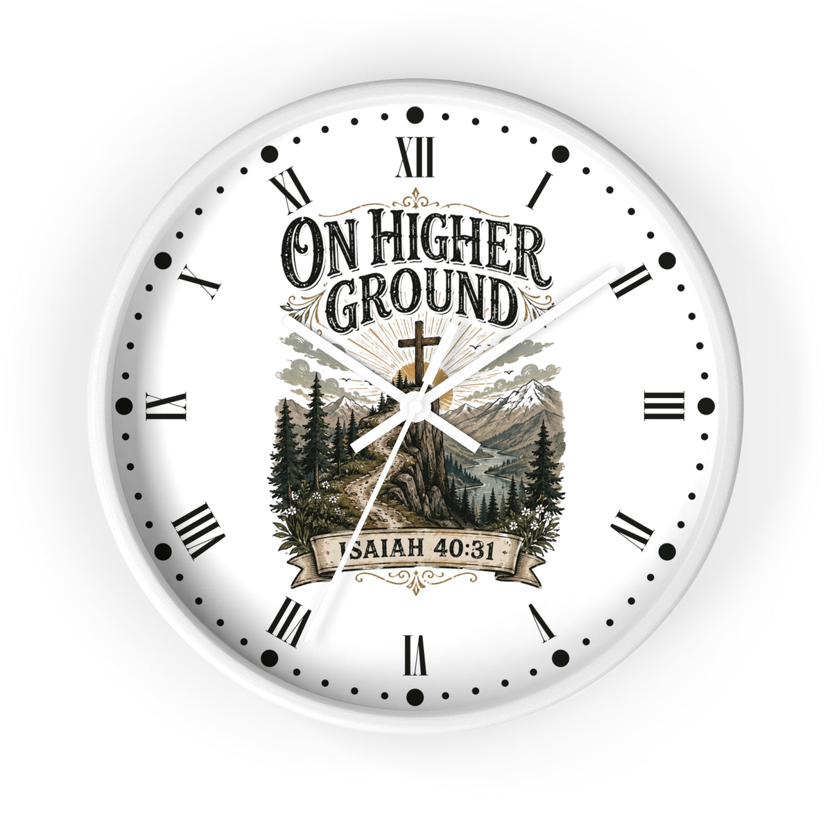 A round white wall clock with black Roman numerals and hands, featuring a scenic mountain and forest illustration with the text 'ON HIGHER GROUND' and 'ISAIAH 40:31' on the face.