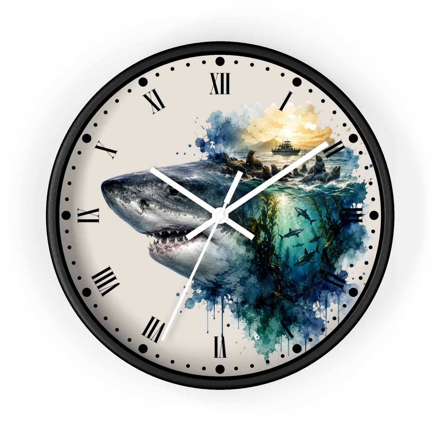 Ocean Shark & Seals Wall Clock — Watercolor Ship Nautical Art Decor