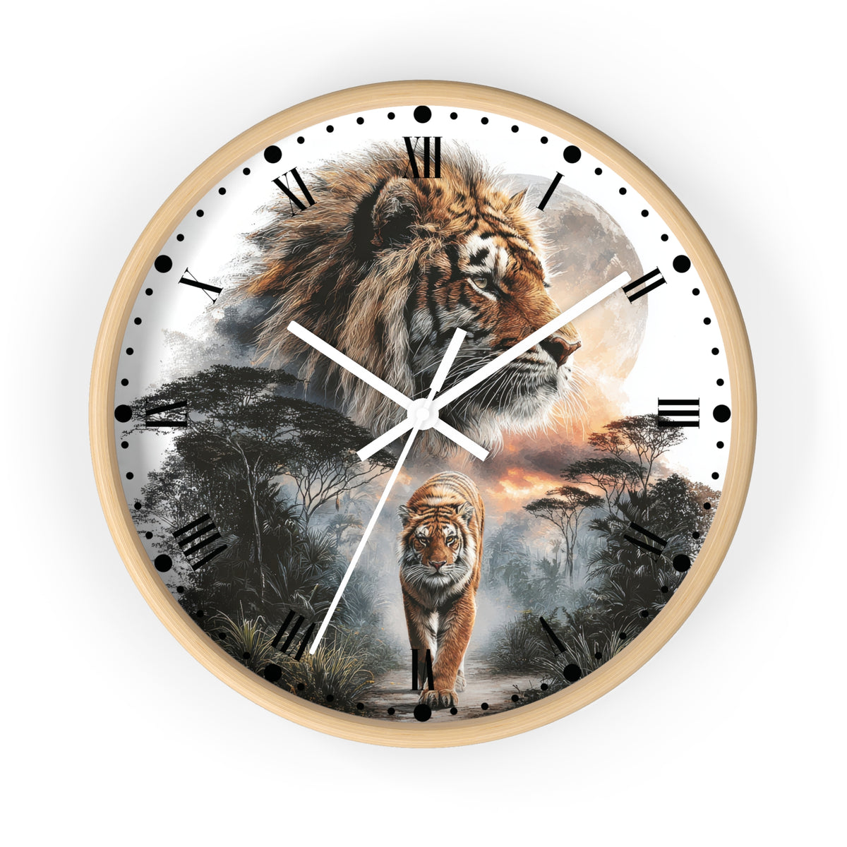A round wall clock with a light wood frame and a printed safari design featuring a large tiger at the top and a walking tiger below, set against a plain white background.