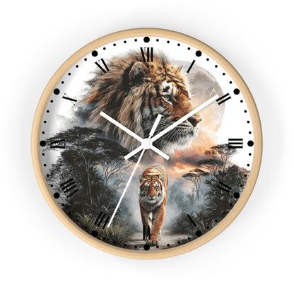 A round wall clock with a light wood frame and a printed safari design featuring a large tiger at the top and a walking tiger below, set against a plain white background.