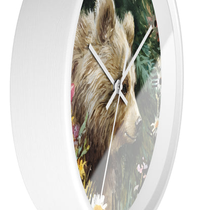 Bear Cub Floral Wall Clock — Rustic Woodland Nursery Decor
