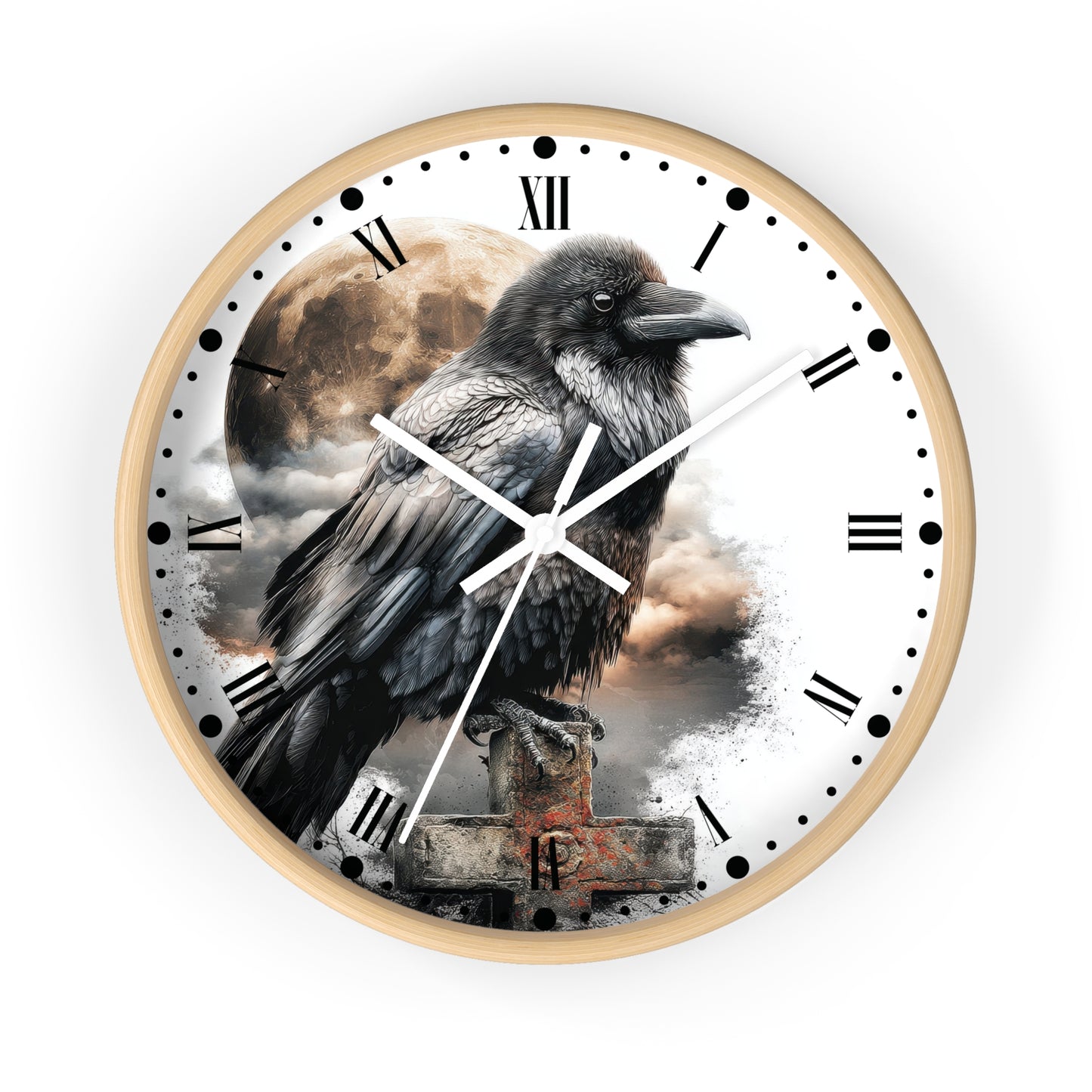 A round wall clock with a light wood frame, featuring a printed design of a black raven perched on a stone pedestal against a cloudy sky and moon background. The clock face is white with black Roman numerals and white hands.
