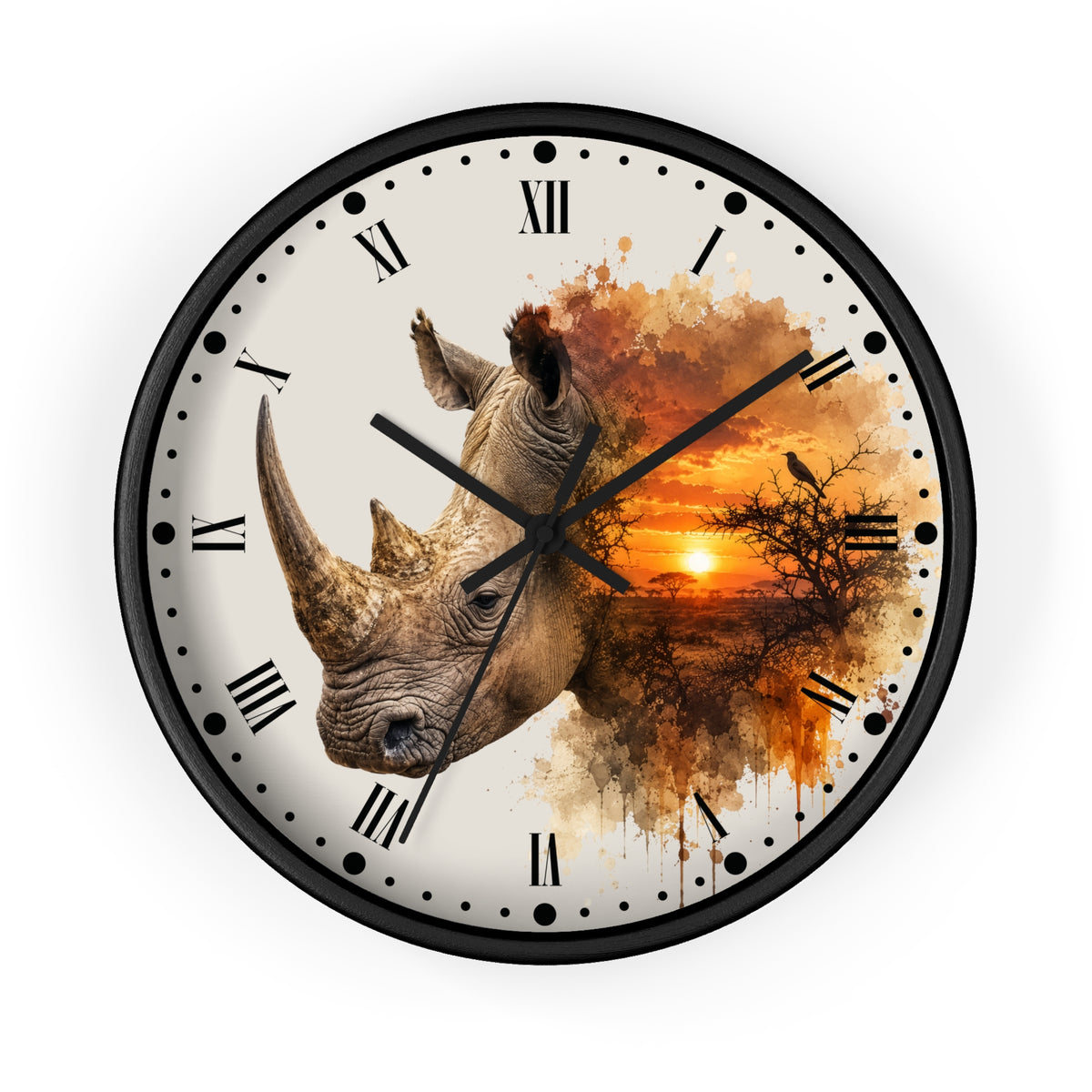 Rhino Sunset Wall Clock with Roman Numerals — Safari Wildlife Decor