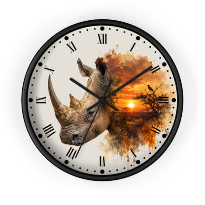 Rhino Sunset Wall Clock with Roman Numerals — Safari Wildlife Decor