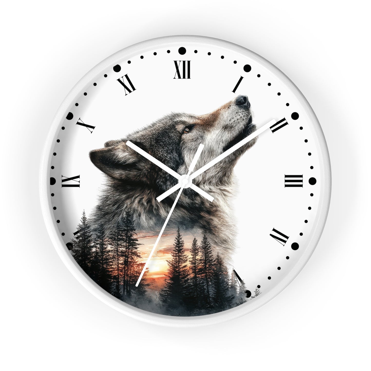 Wolf  Sunset Wall Clock with Roman Numerals — Rustic Forest Animal Decor