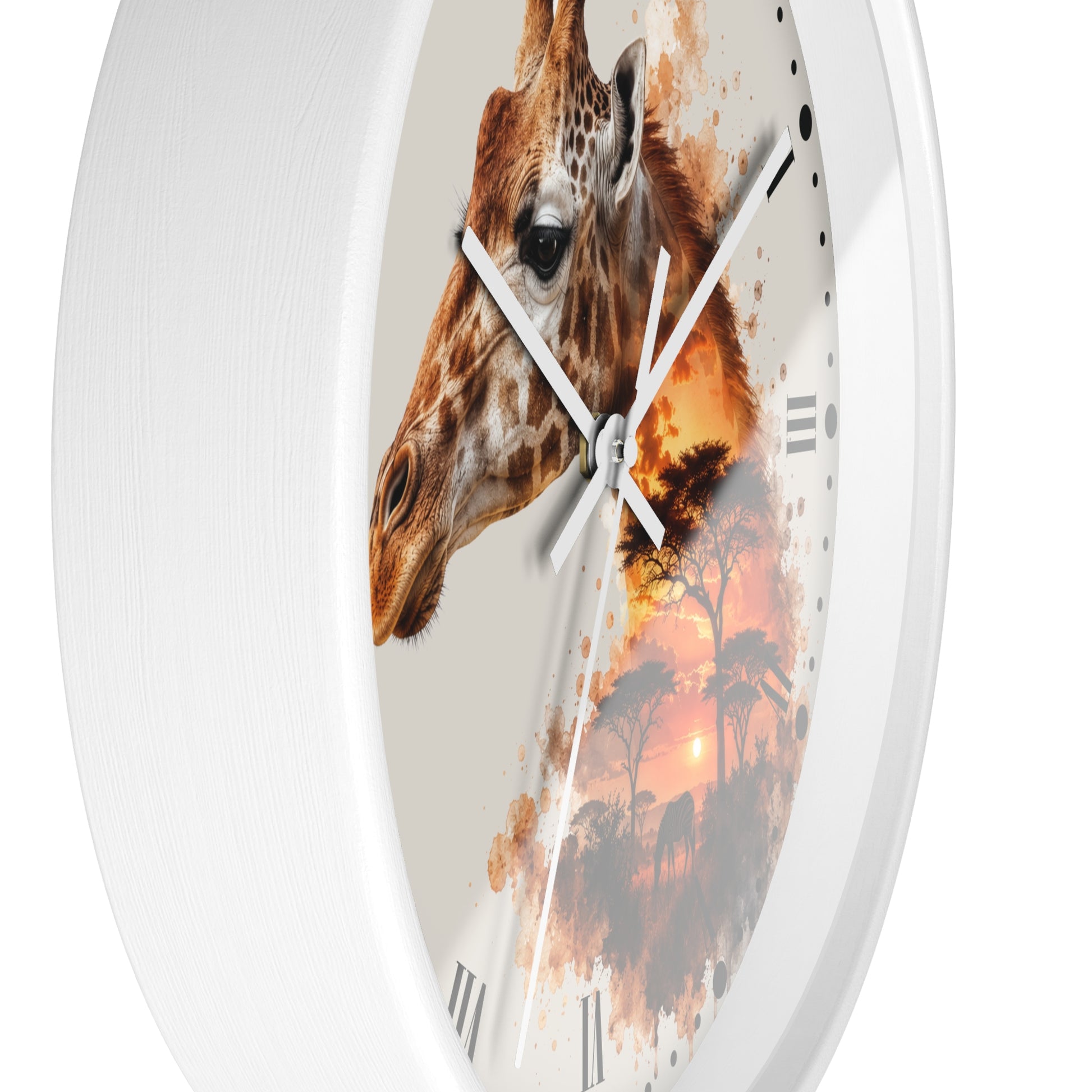 A white round wall clock with a giraffe head and warm sunset landscape print on the face, shown against a plain white background.