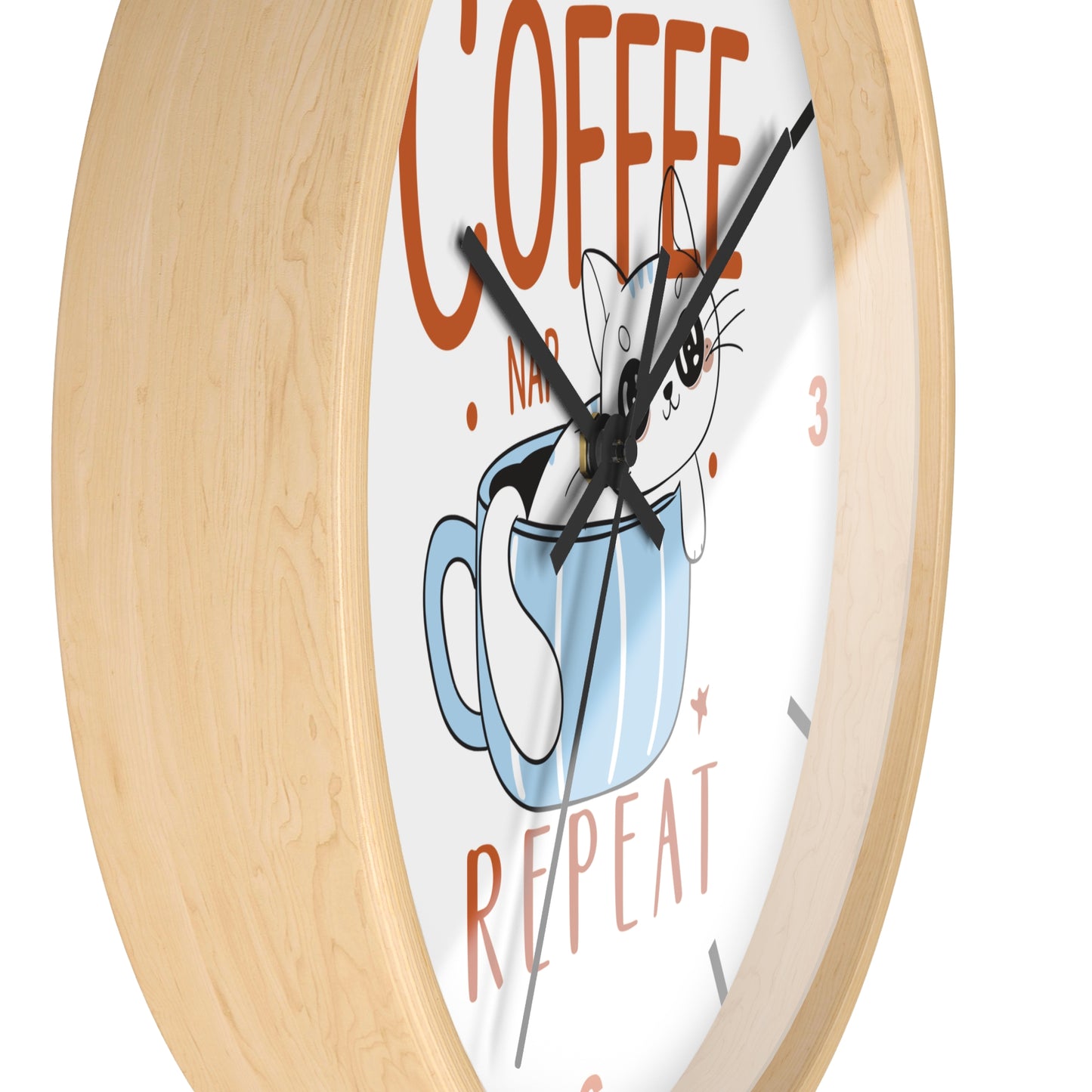 Coffee Nap Repeat Wall Clock | Cute Cat in Mug Kitchen Decor