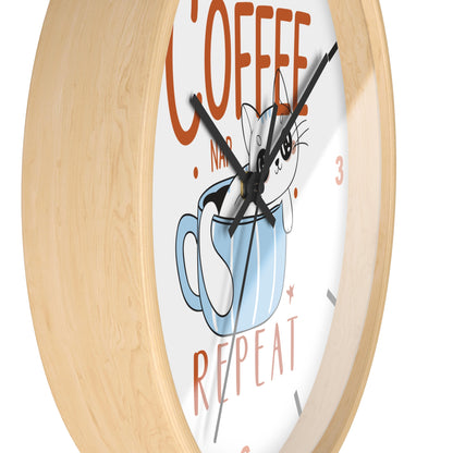 Coffee Nap Repeat Wall Clock | Cute Cat in Mug Kitchen Decor