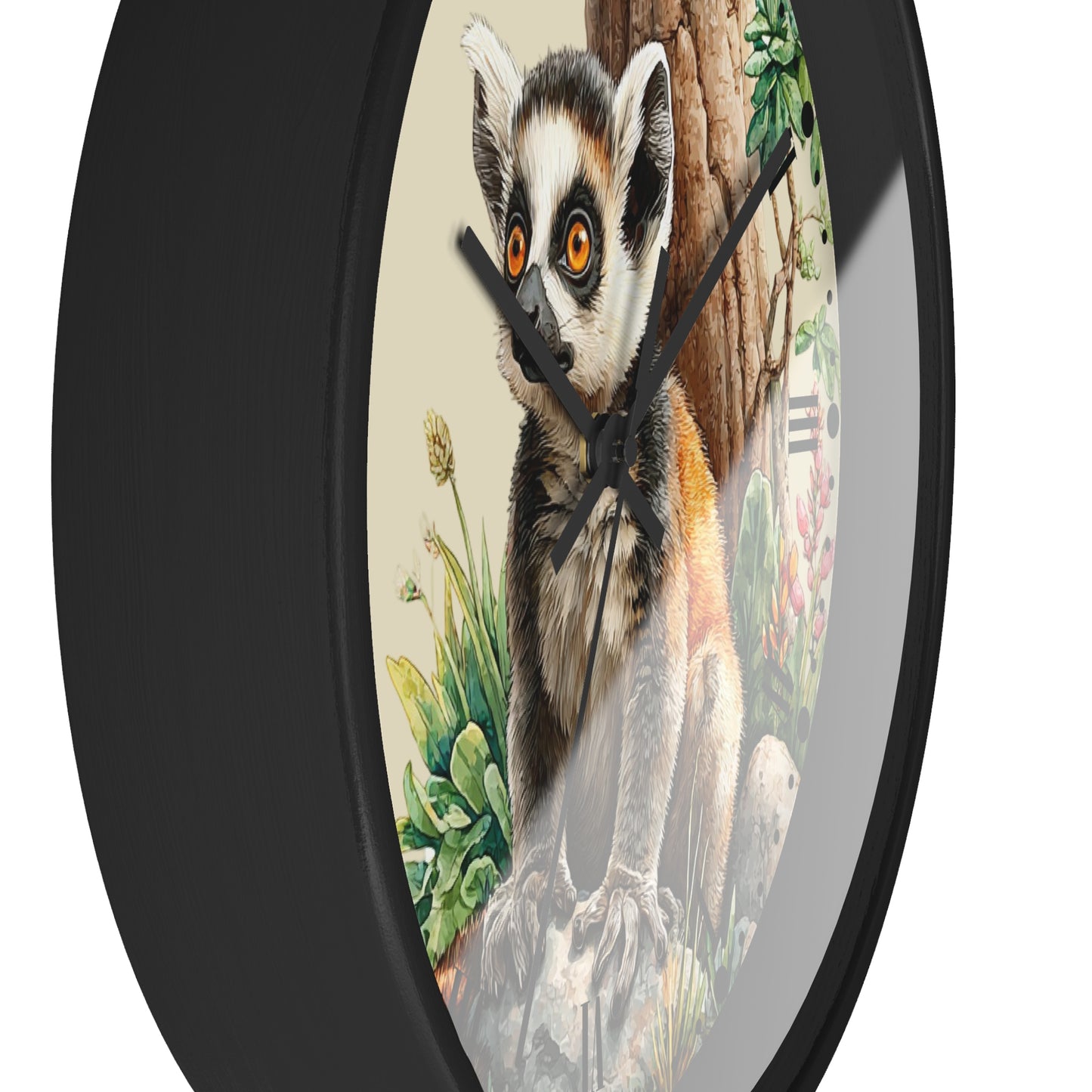Round wall clock with a black frame and a printed illustration of a lemur on the face, shown against a plain white background.