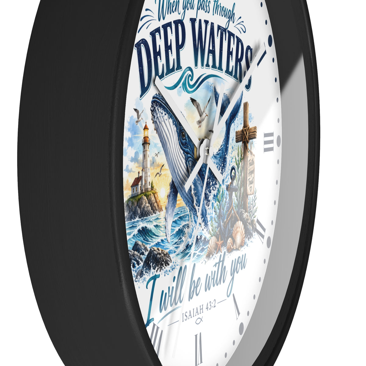 Christian Inspirational Wall Clock — 'When You Pass Through Deep Waters' (Isaiah 43:2)