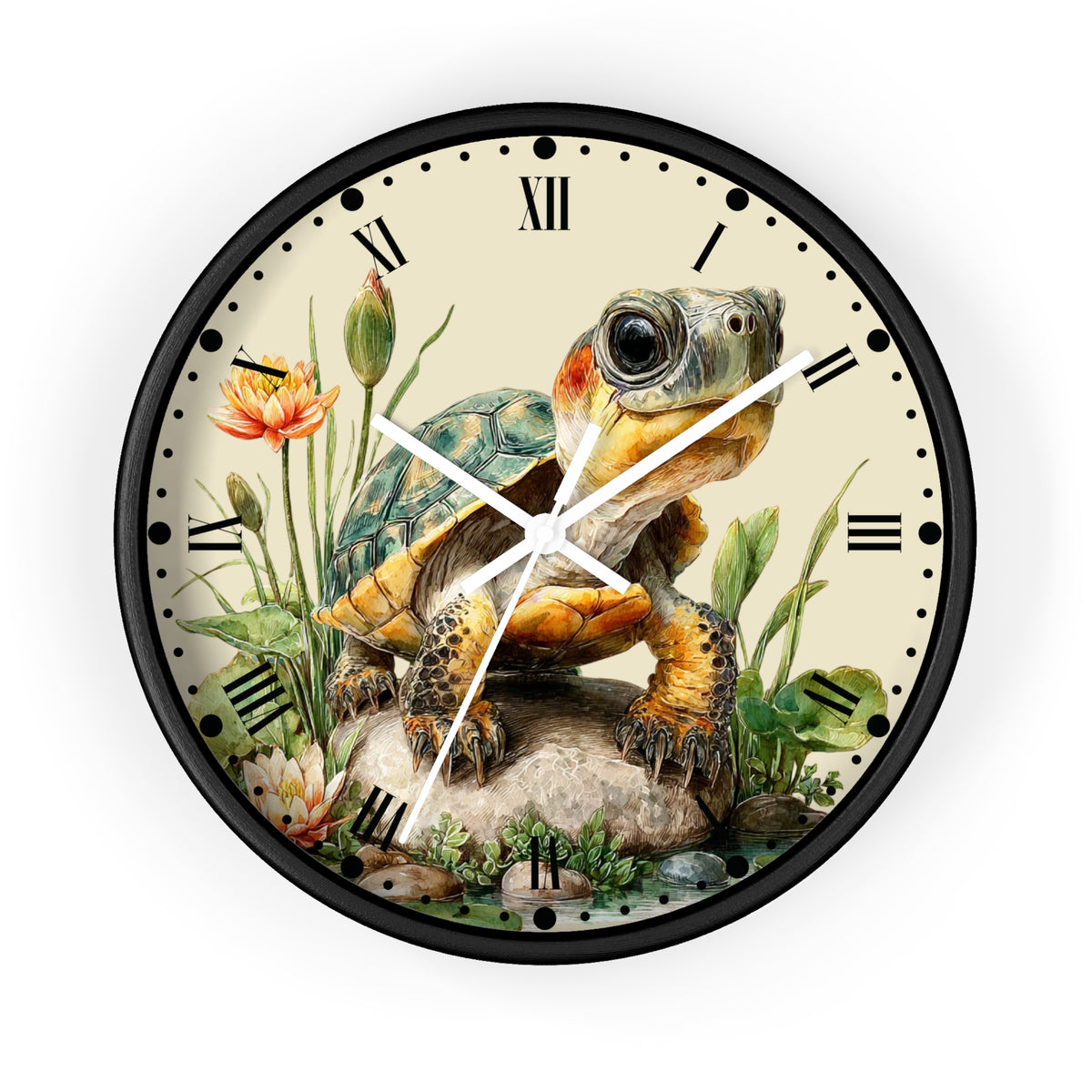 Round wall clock with a black frame and a vintage-style illustration of a turtle on the face, surrounded by flowers and plants, with Roman numerals as hour markers.