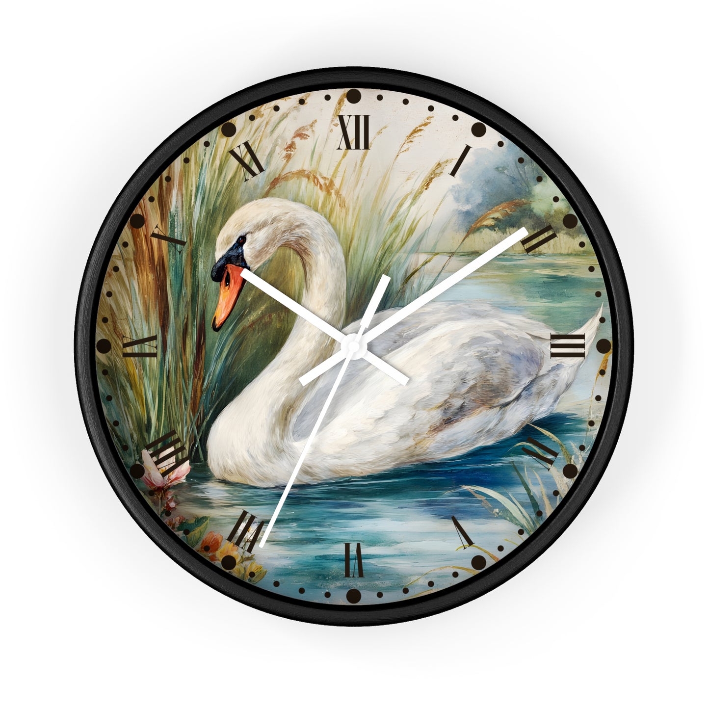 A round wall clock with a black frame and a printed swan scene on the face. The artwork shows a white swan in blue water with reeds and Roman numeral hour markers around the dial.