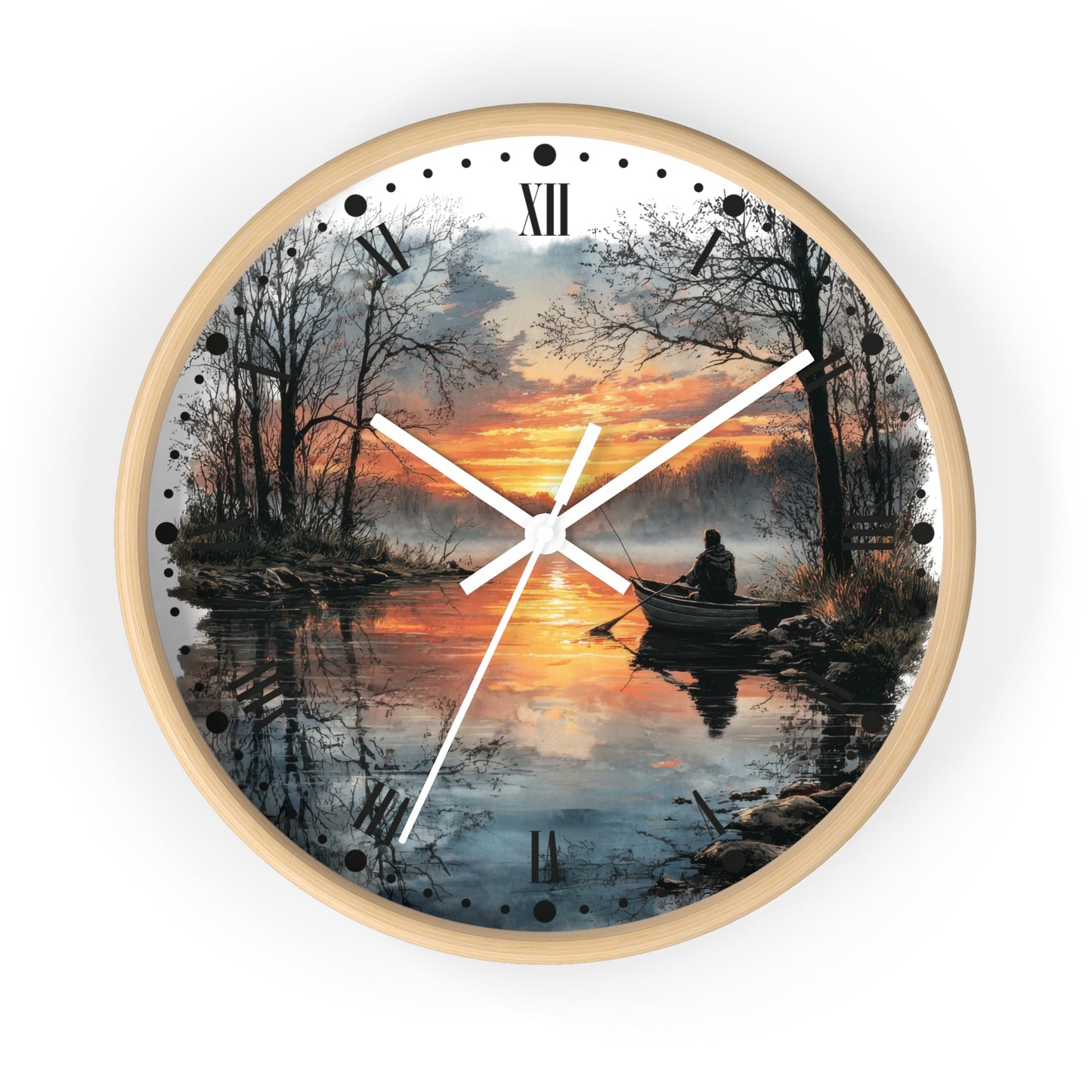 A round wall clock with a light wood frame and a scenic print of a sunset over a lake, featuring a silhouetted figure in a boat and Roman numeral hour markers.