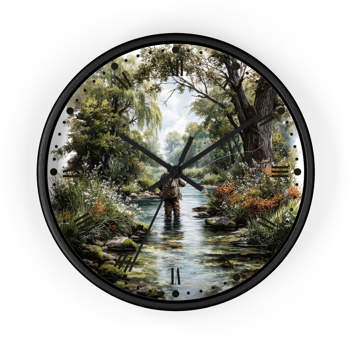 A round wall clock with a black frame and hands, featuring a scenic print of a fly fisherman standing in a stream surrounded by lush green trees and foliage.