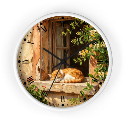 Sleeping Ginger Cat Wall Clock — Rustic Animal Home Decor