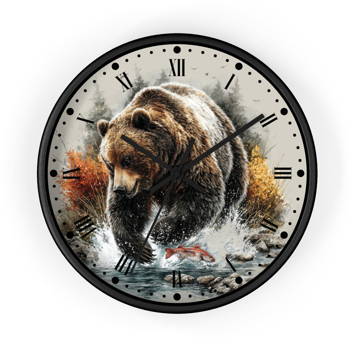 A round wall clock with a black frame and Roman numerals, featuring a detailed graphic print of a brown bear walking through splashing water with autumn trees and a red fish on the dial.
