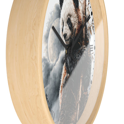 Round wall clock with a light natural wood frame and a printed panda illustration on the face, shown against a plain white background.