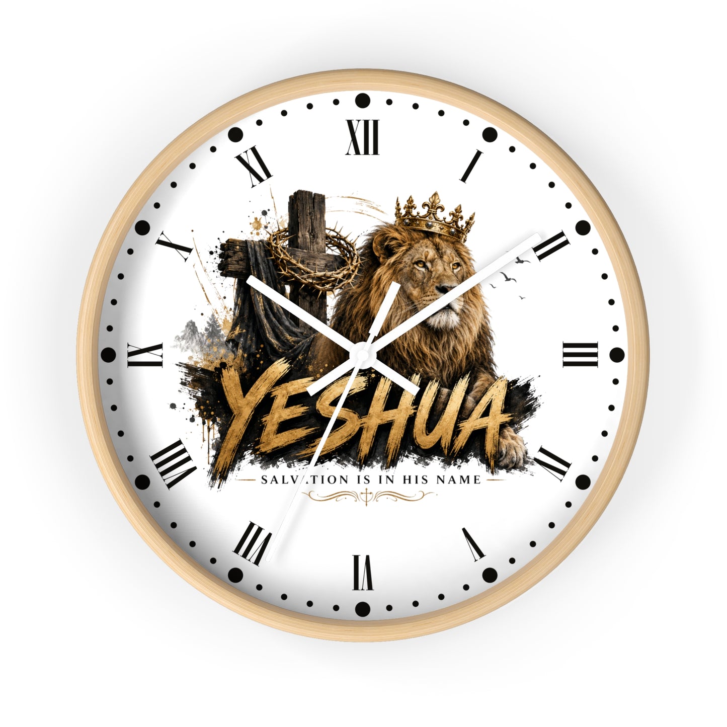 A round wall clock with a light wood frame and a white face featuring a graphic of a crowned lion, a cross with chains, and the word 'YESHUA' in large gold letters. The clock has black Roman numerals and white hands, shown against a plain white background.