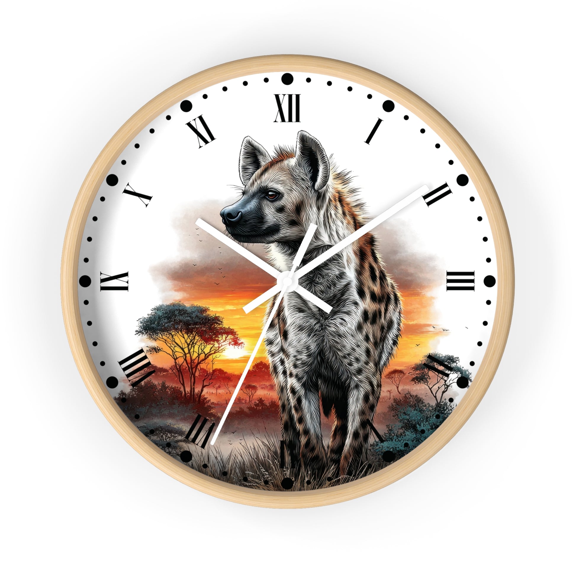 A round wall clock with a light wood frame and a printed safari design featuring a spotted hyena standing in front of an orange sunset sky with trees. The clock face is white with black Roman numerals and hands.