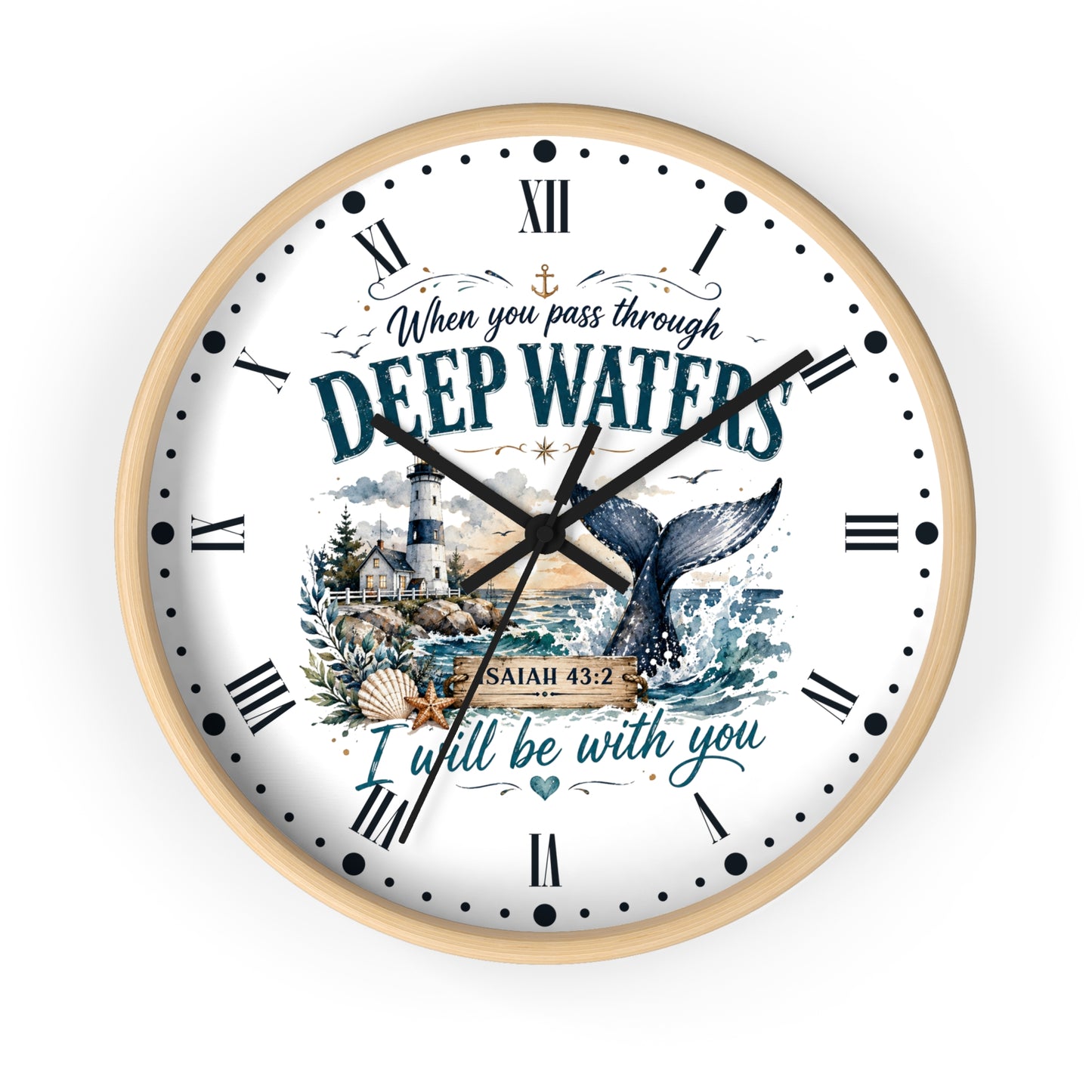 Inspirational Lighthouse Bible Verse Wall Clock — "When You Pass Through Deep Waters" (Isaiah 43:2)
