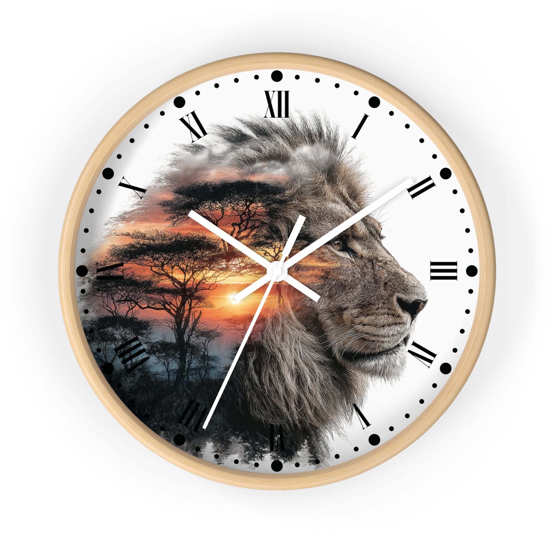 A round wall clock with a light wood frame, featuring a printed design of a lion's face layered over an African savanna sunset scene with acacia trees. The clock has a white face with black Roman numerals and hands.