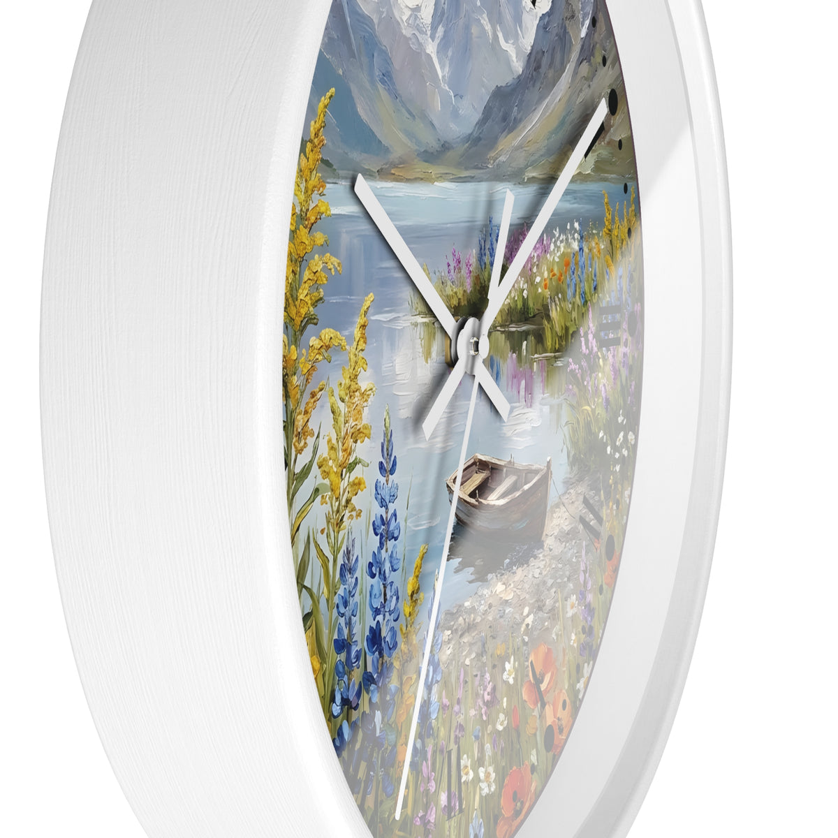 A round wall clock with a white frame and a scenic landscape print featuring a lake, mountains, wildflowers, and a small boat.