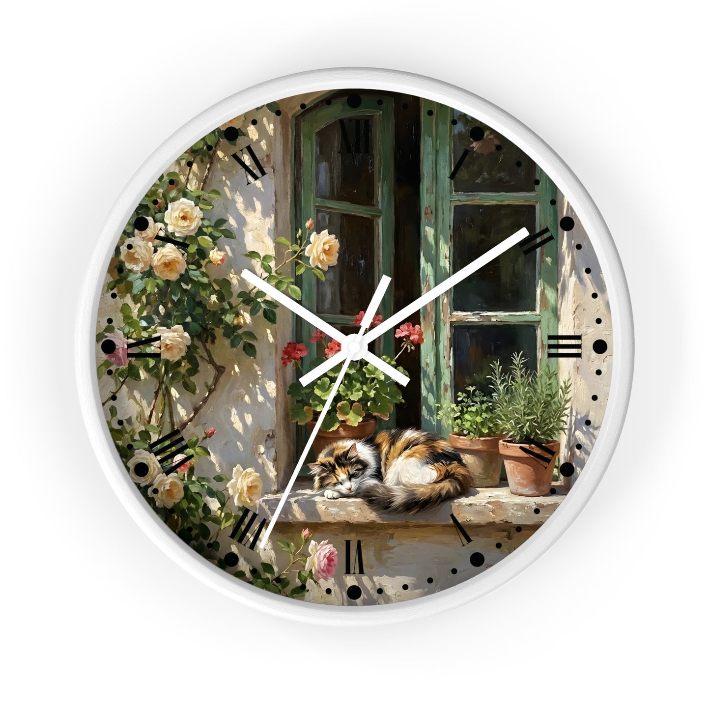 Round wall clock with a white frame and a printed scenic design featuring a cat resting on a windowsill beside climbing roses and potted plants, with white clock hands and black Roman numerals.