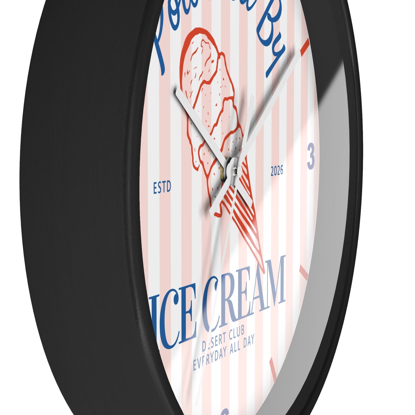 Desert Club Wall Clock | "Powered By Ice Cream" Retro Striped Dessert Kitchen Decor