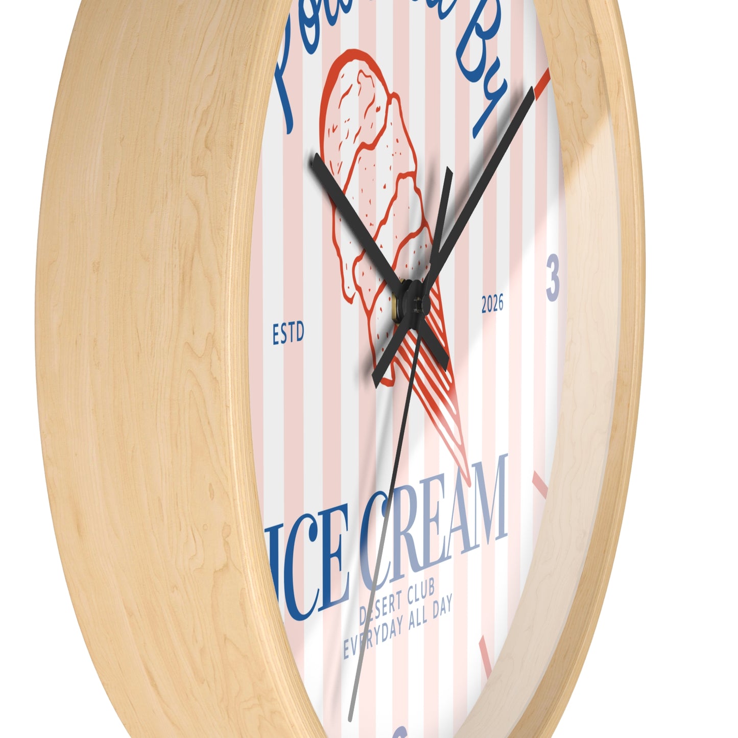 Desert Club Wall Clock | "Powered By Ice Cream" Retro Striped Dessert Kitchen Decor