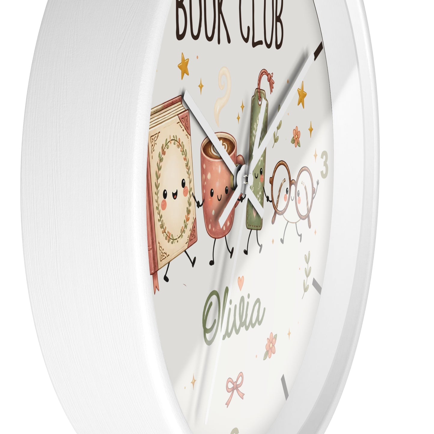 A round white wall clock with a whimsical book-and-drink illustration on the face. The design includes a smiling book, a coffee mug, a green book, glasses, stars, and the text 'BOOK CLUB' and the name 'Olivia'.