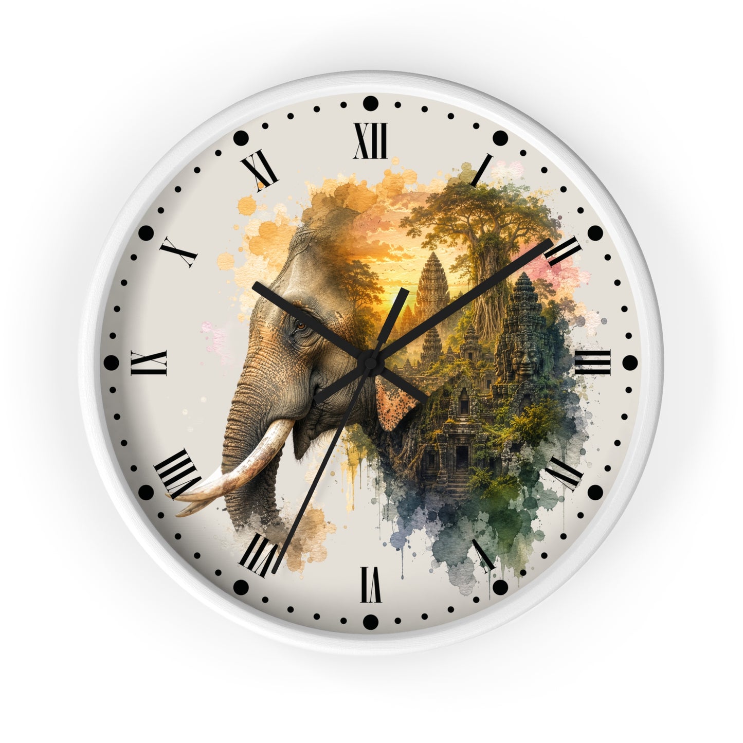 Elephant Temple Wall Clock — Watercolor Safari Home Decor