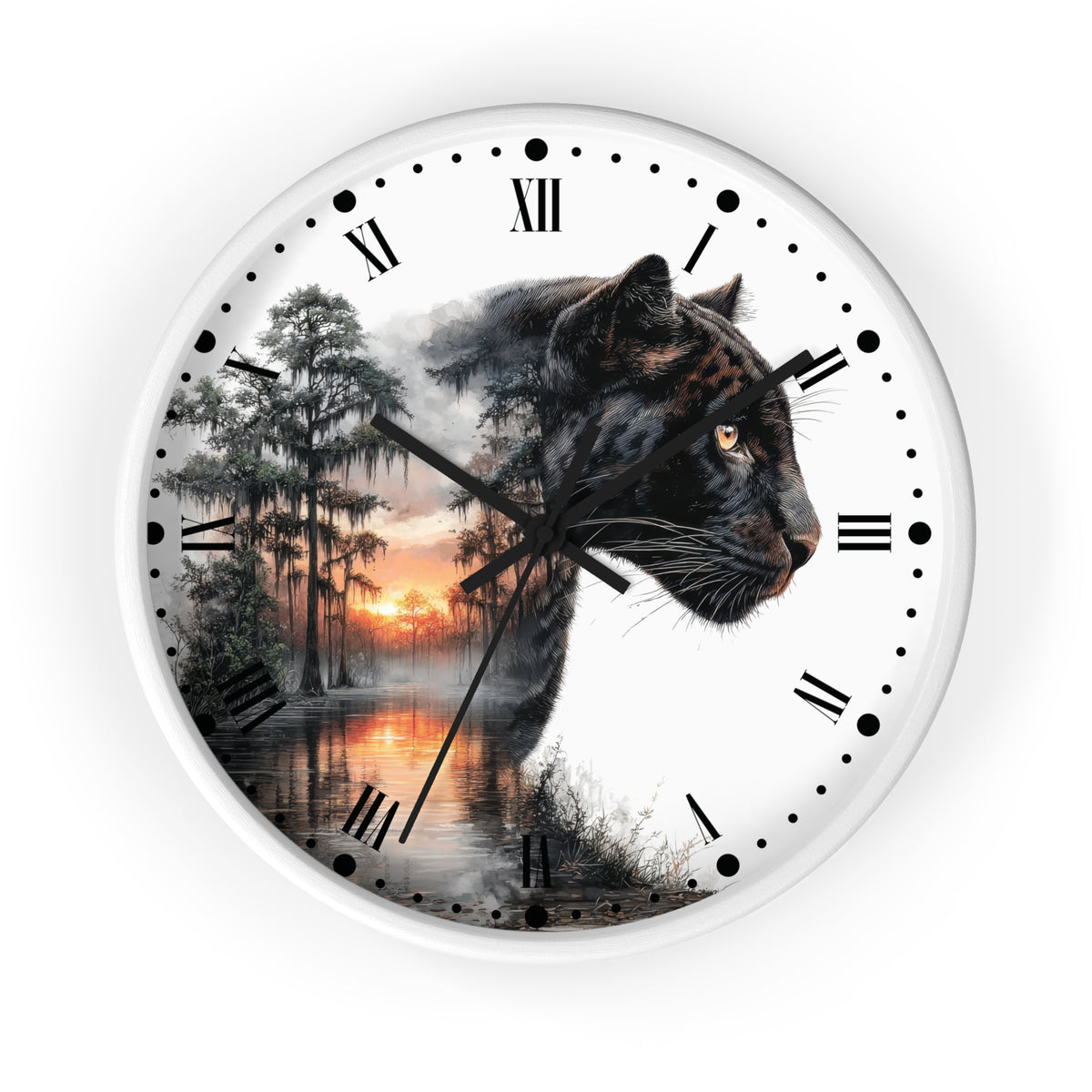 A round wall clock with a white frame and Roman numerals, featuring a printed design of a black panther's head over a misty forest and sunset scene.
