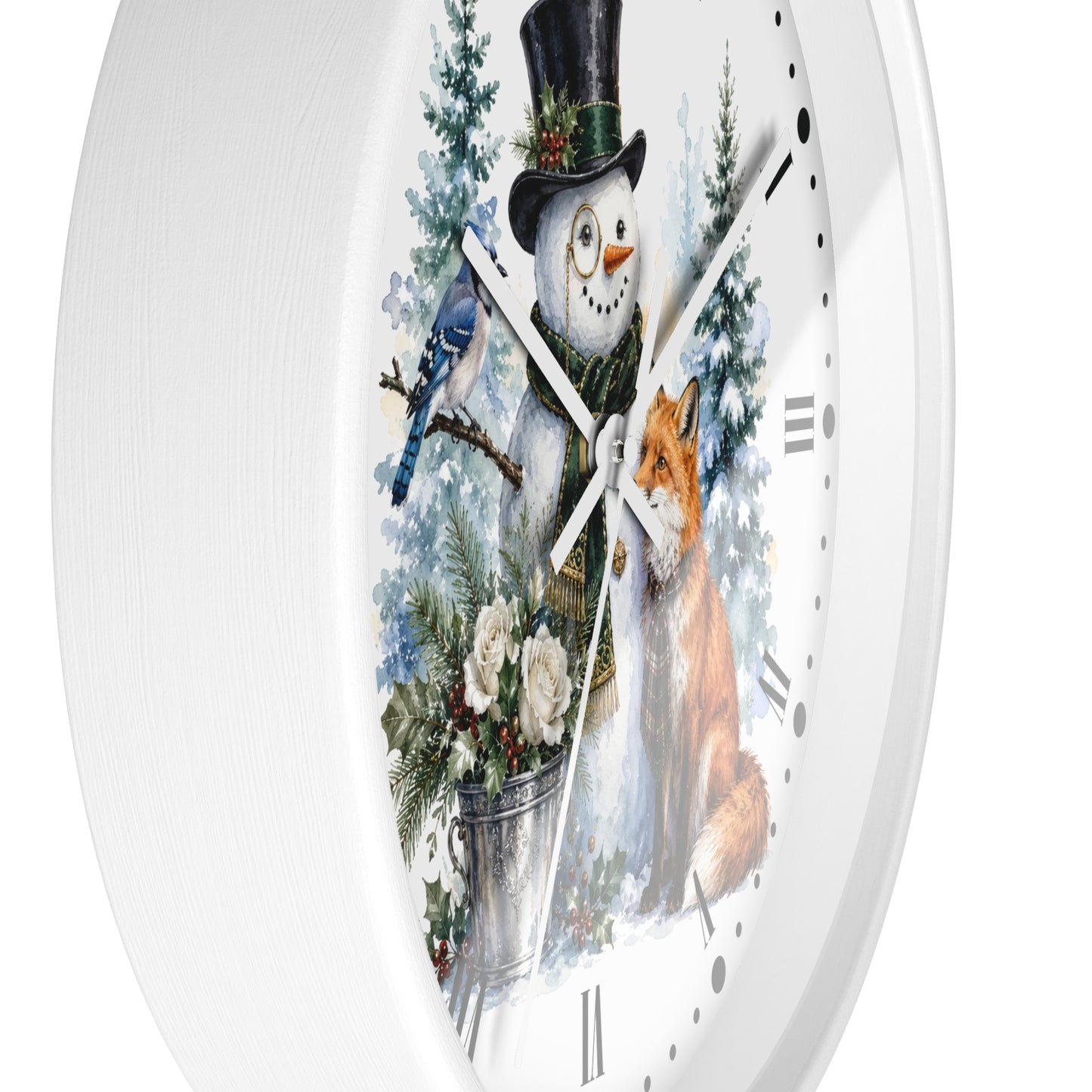 A white round wall clock with a festive winter illustration on the face, featuring a snowman in a black top hat, a bluebird, a fox, evergreen trees, and a bucket of flowers.