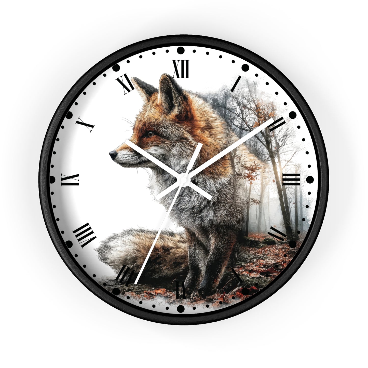 A round wall clock with a black frame and a printed fox scene on the face. The clock has Roman numeral hour markers, white hands, and a black background around the circular product.