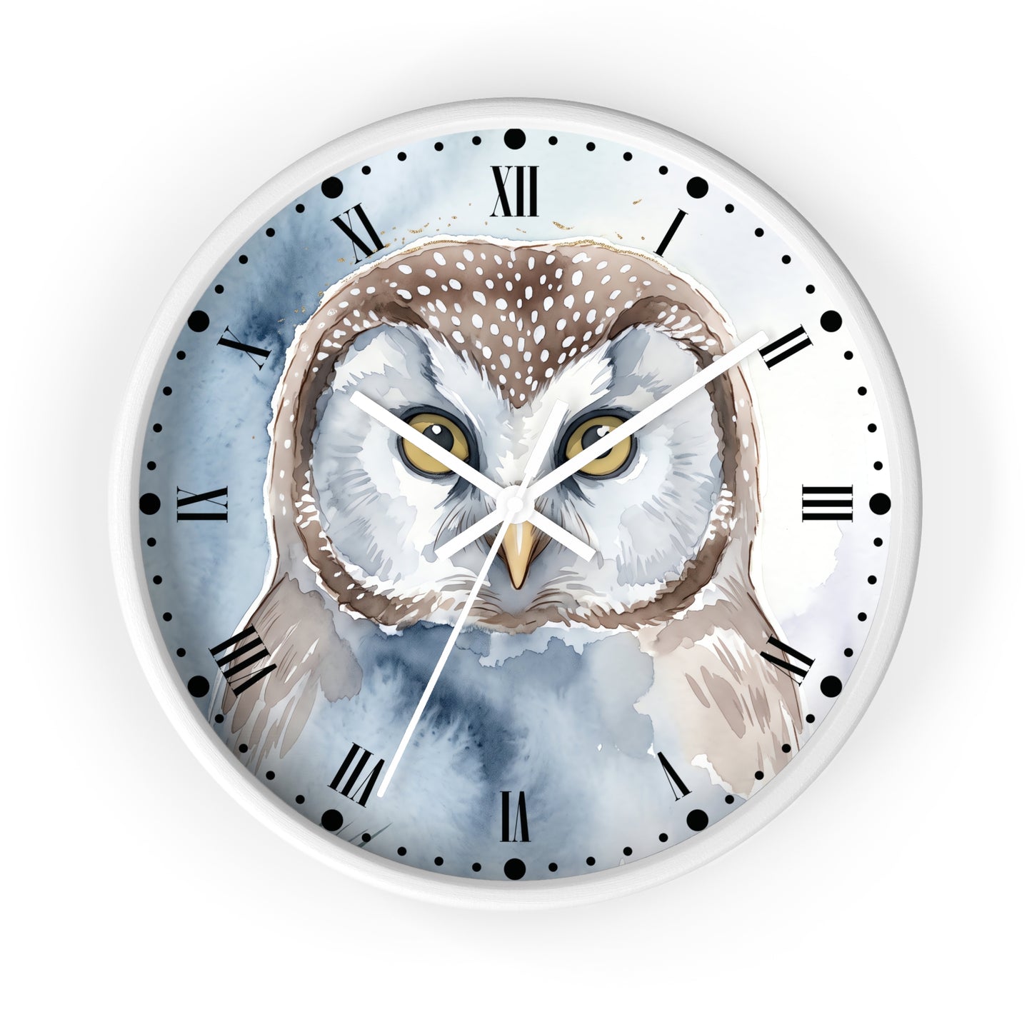 Round wall clock with a watercolor owl illustration on the face, Roman numerals around the edge, black hour markers and dots, and white clock hands on a white frame.