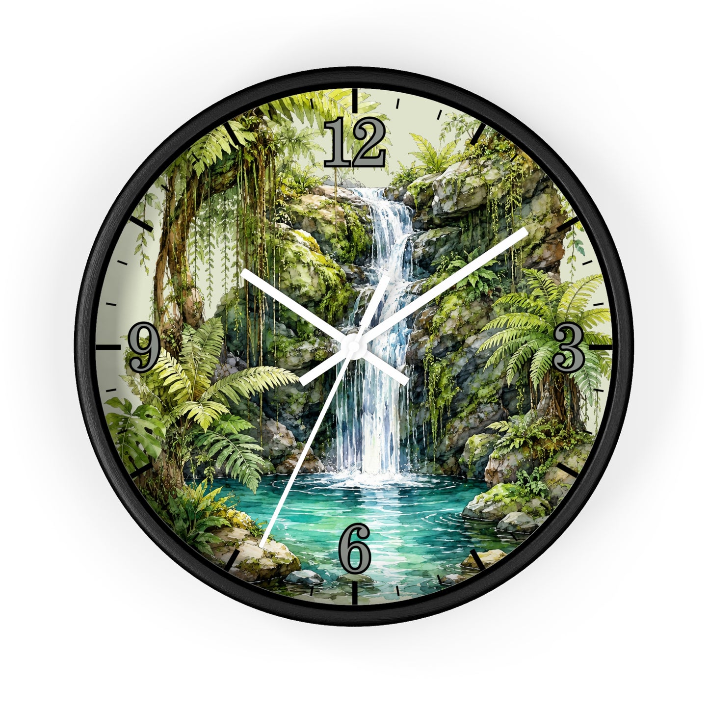 A round wall clock with a black frame and a printed tropical jungle waterfall scene on the face. The clock has black Arabic numerals for 12, 3, 6, and 9, with black hour and minute markers and white clock hands.