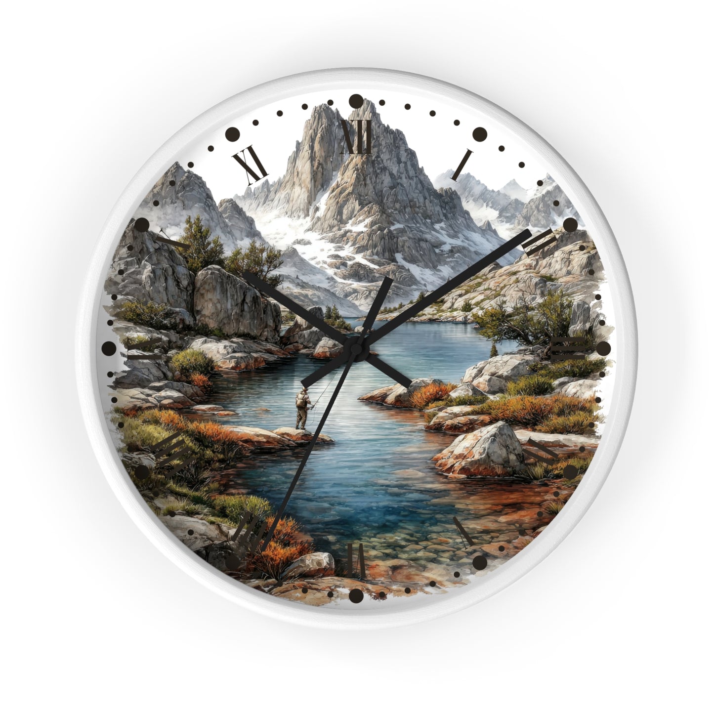 A round wall clock with a white frame and a scenic mountain lake print on the face, shown against a plain white background.