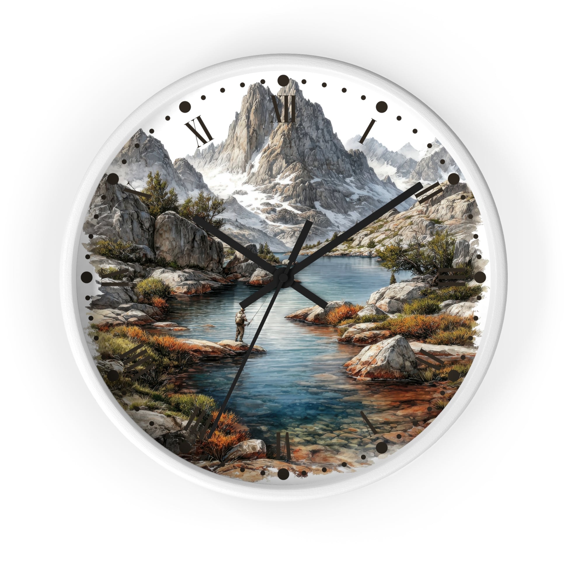 A round wall clock with a white frame and a scenic mountain lake print on the face, shown against a plain white background.