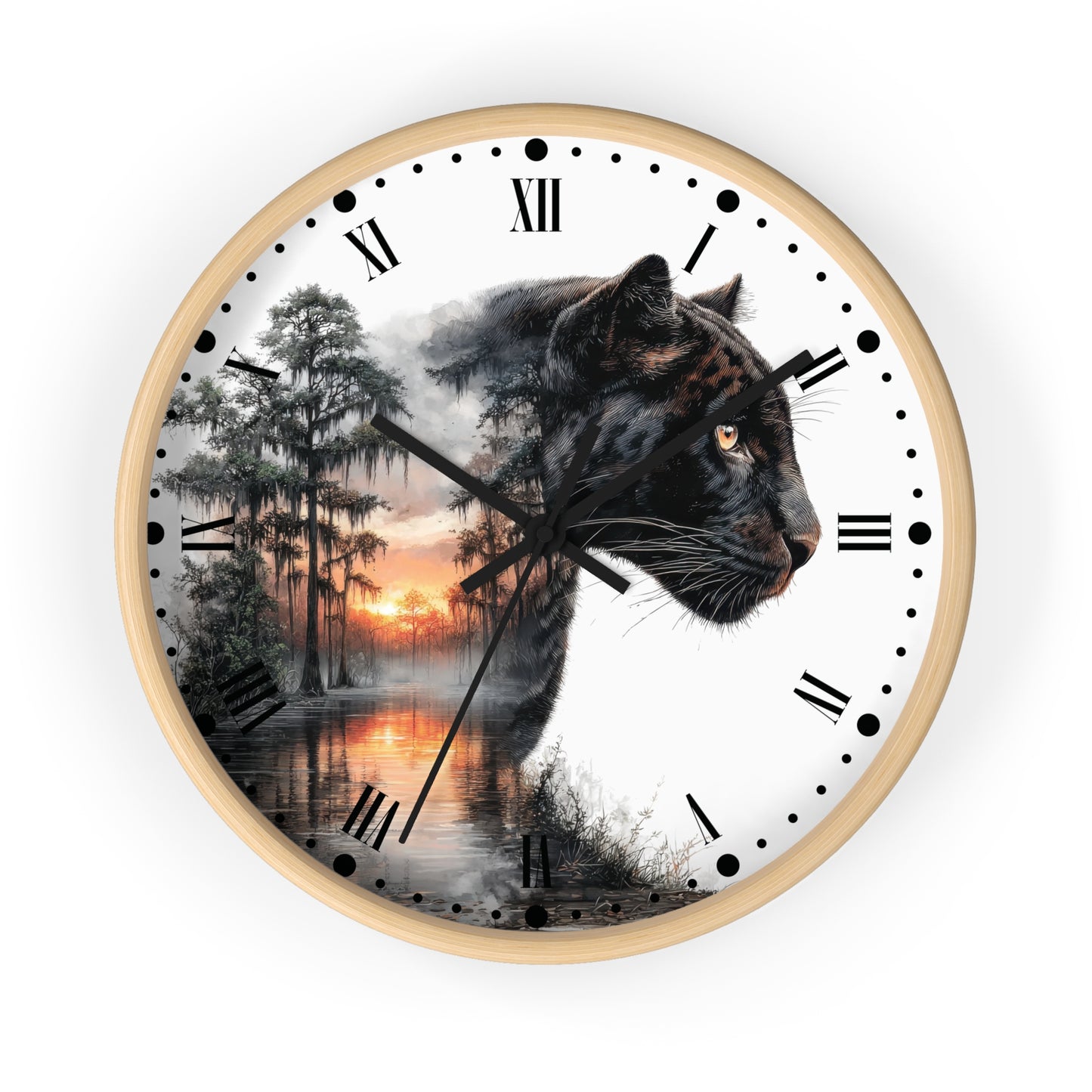 A round wall clock with a light wood frame and a white face featuring a black panther over a misty swamp landscape at sunset, with black Roman numerals and markers.
