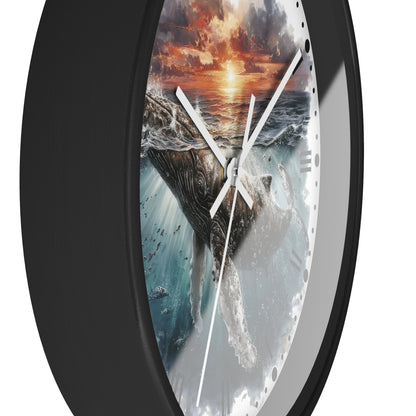 A round wall clock with a black frame and a printed ocean scene featuring a whale, waves, and a dramatic sunset sky. White clock hands are visible against a plain white background.