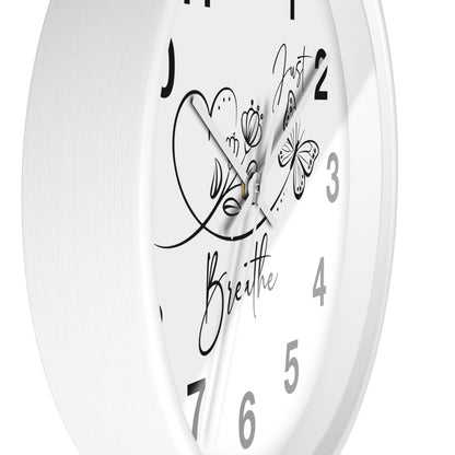 Motivational Wall Clock — "Just Breathe" Minimalist Floral Butterfly Clock