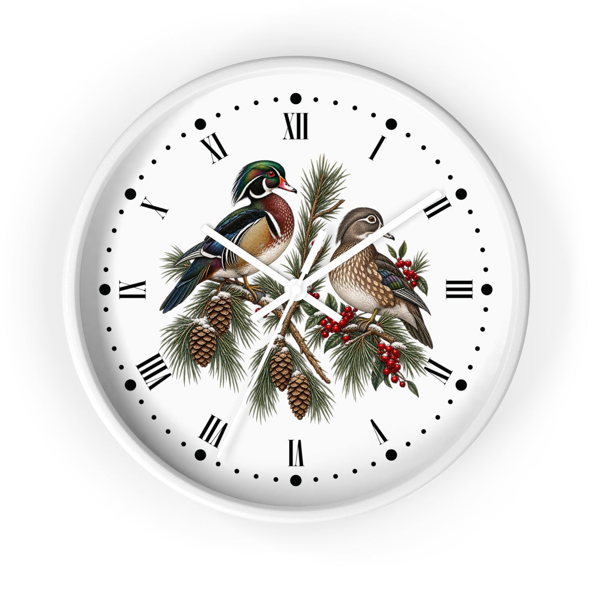 Festive Wood Duck Wall Clock with Roman Numerals — Holiday Woodland Animal Decor