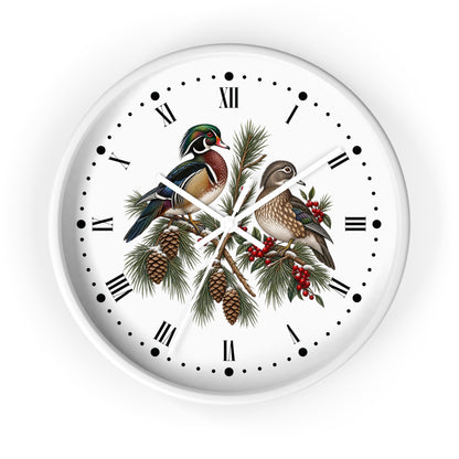Festive Wood Duck Wall Clock with Roman Numerals — Holiday Woodland Animal Decor