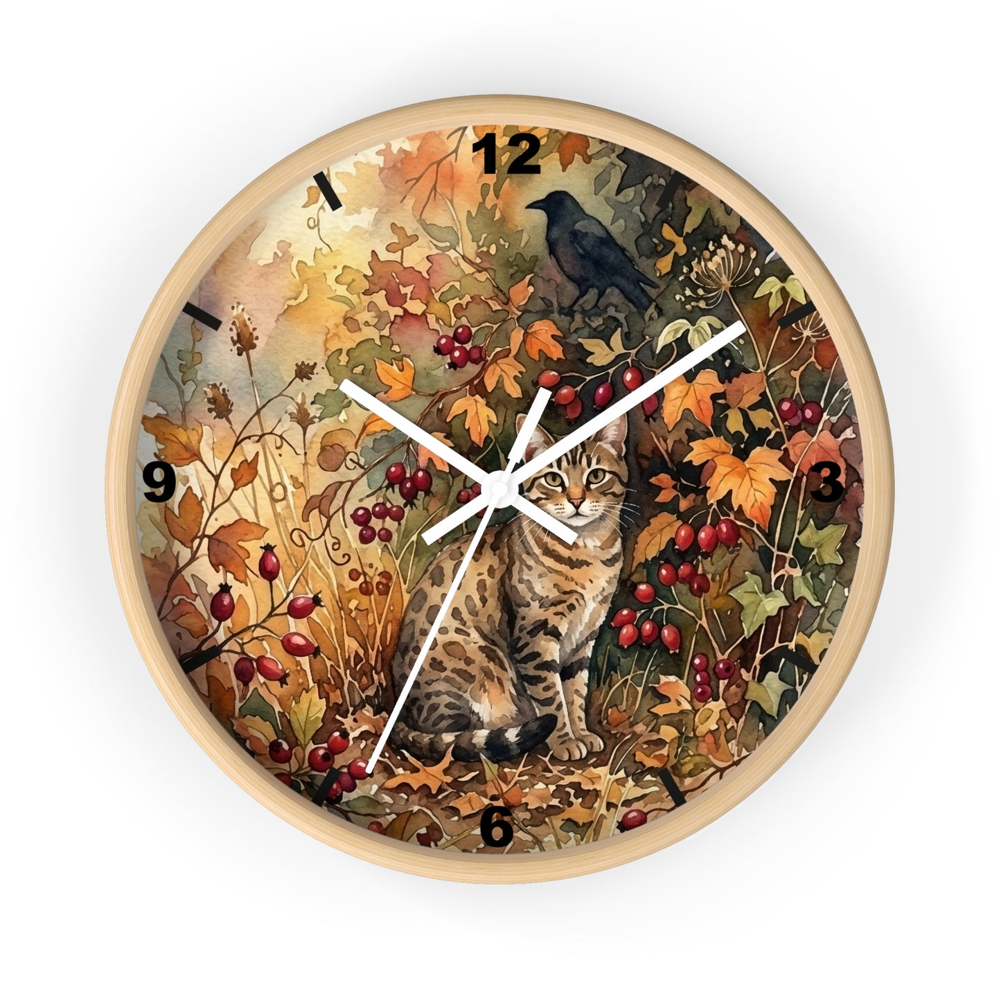 Round wall clock with a light wood frame and a detailed autumn-themed illustration on the face, featuring a tabby cat, a black bird, red berries, and leaves. The clock has black Arabic numerals and white hands.