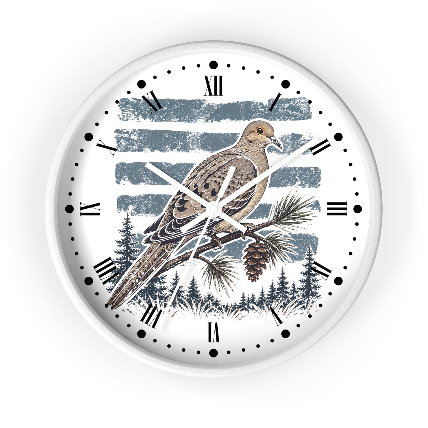 A round wall clock with a white frame and a printed bird illustration on the face. The design shows a brown and beige dove bird perched on a pine branch with blue-gray brushstroke stripes and dark evergreen trees behind it.