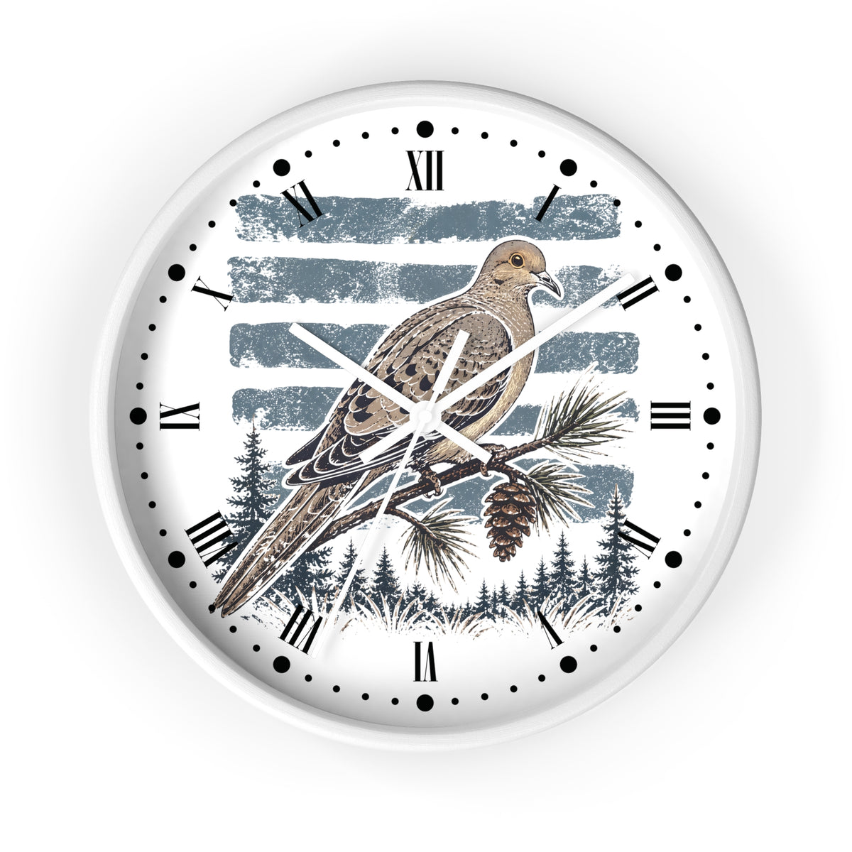 A round wall clock with a white frame and a printed bird illustration on the face. The design shows a brown and beige dove bird perched on a pine branch with blue-gray brushstroke stripes and dark evergreen trees behind it.