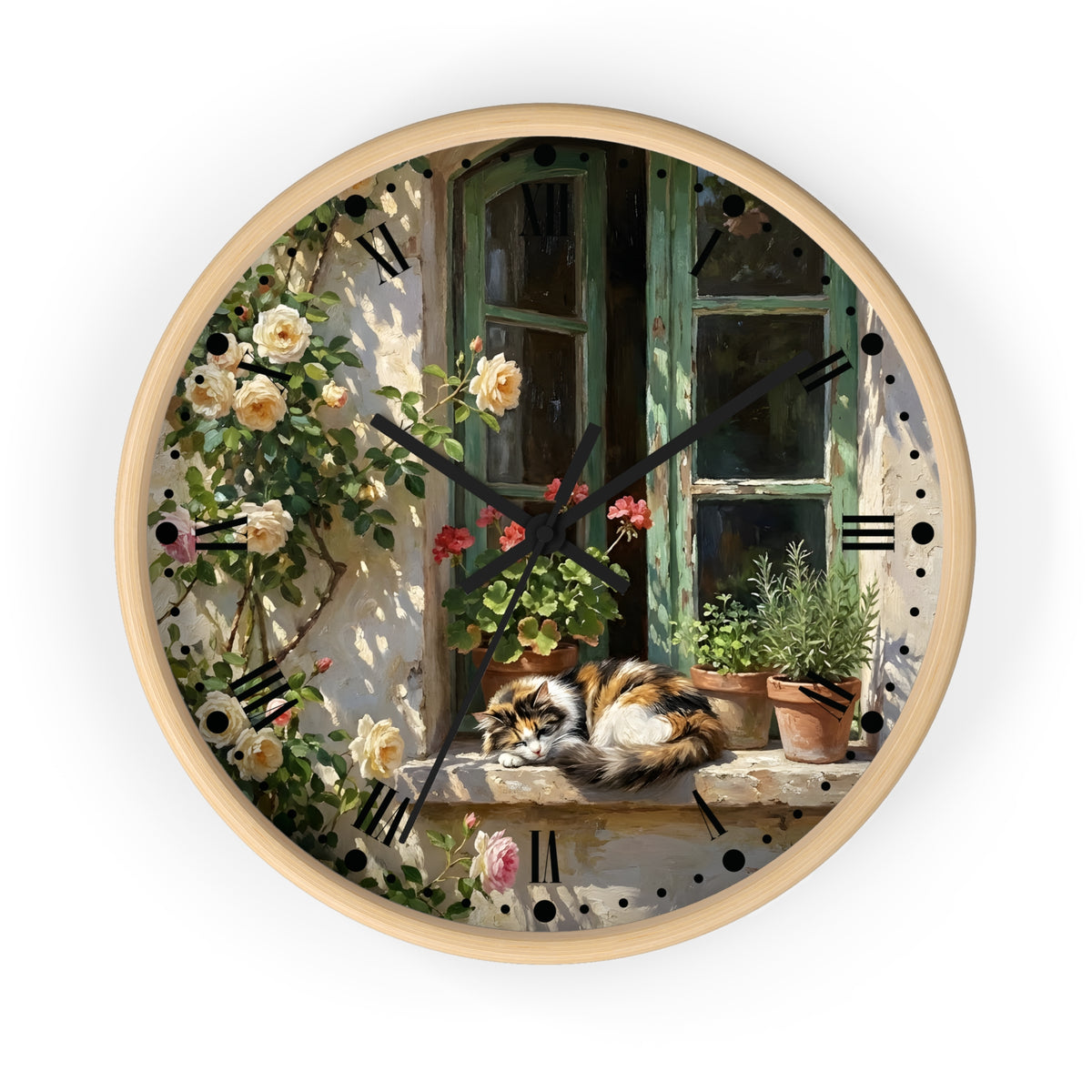 Round wall clock with a light wood frame and a printed scenic design featuring a cat sleeping on a windowsill, flowers, potted plants, and a green window, shown against a plain white background.