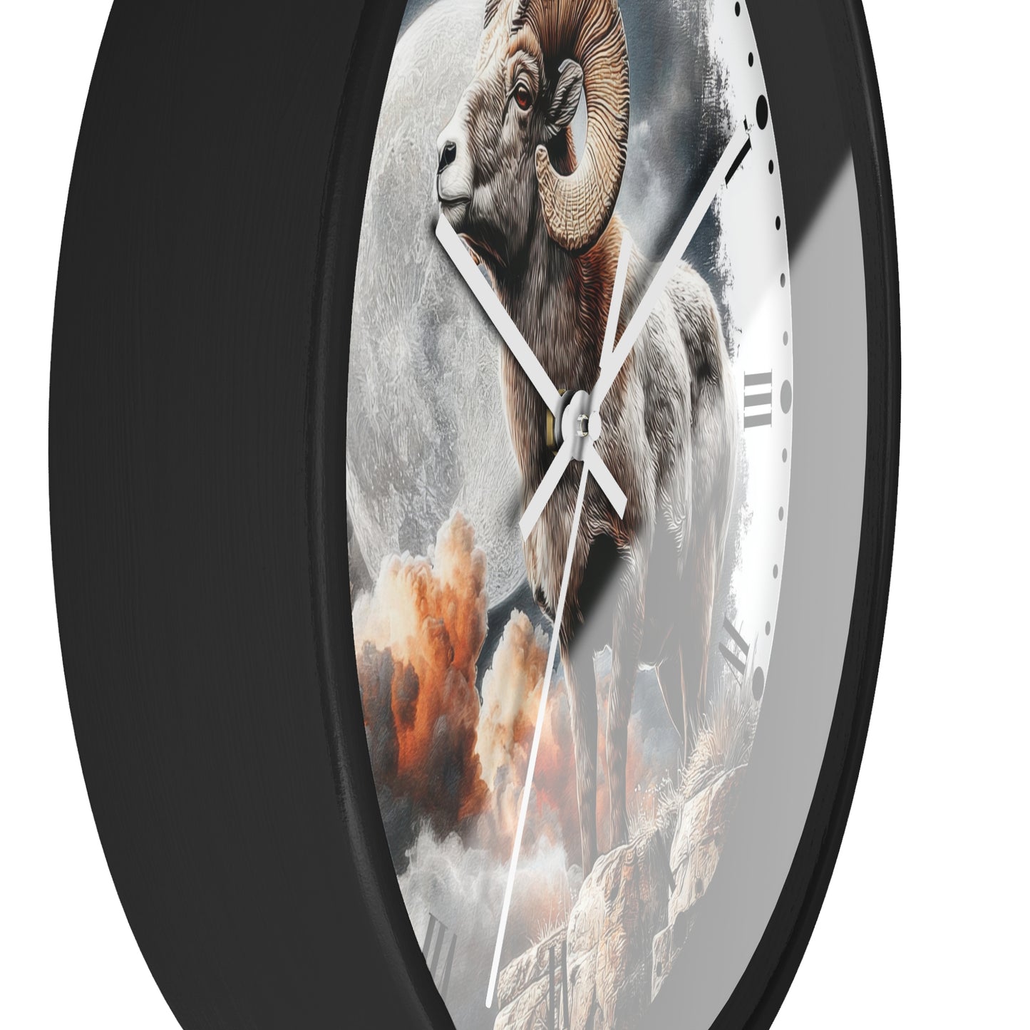 A round wall clock with a black frame and a printed ram illustration on the face, shown against a plain white background.